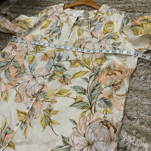 Nicole Miller 1X Tunic 100% Linen Floral Button Front Top Long Roll Tab Sleeves - Picture 8 of 10